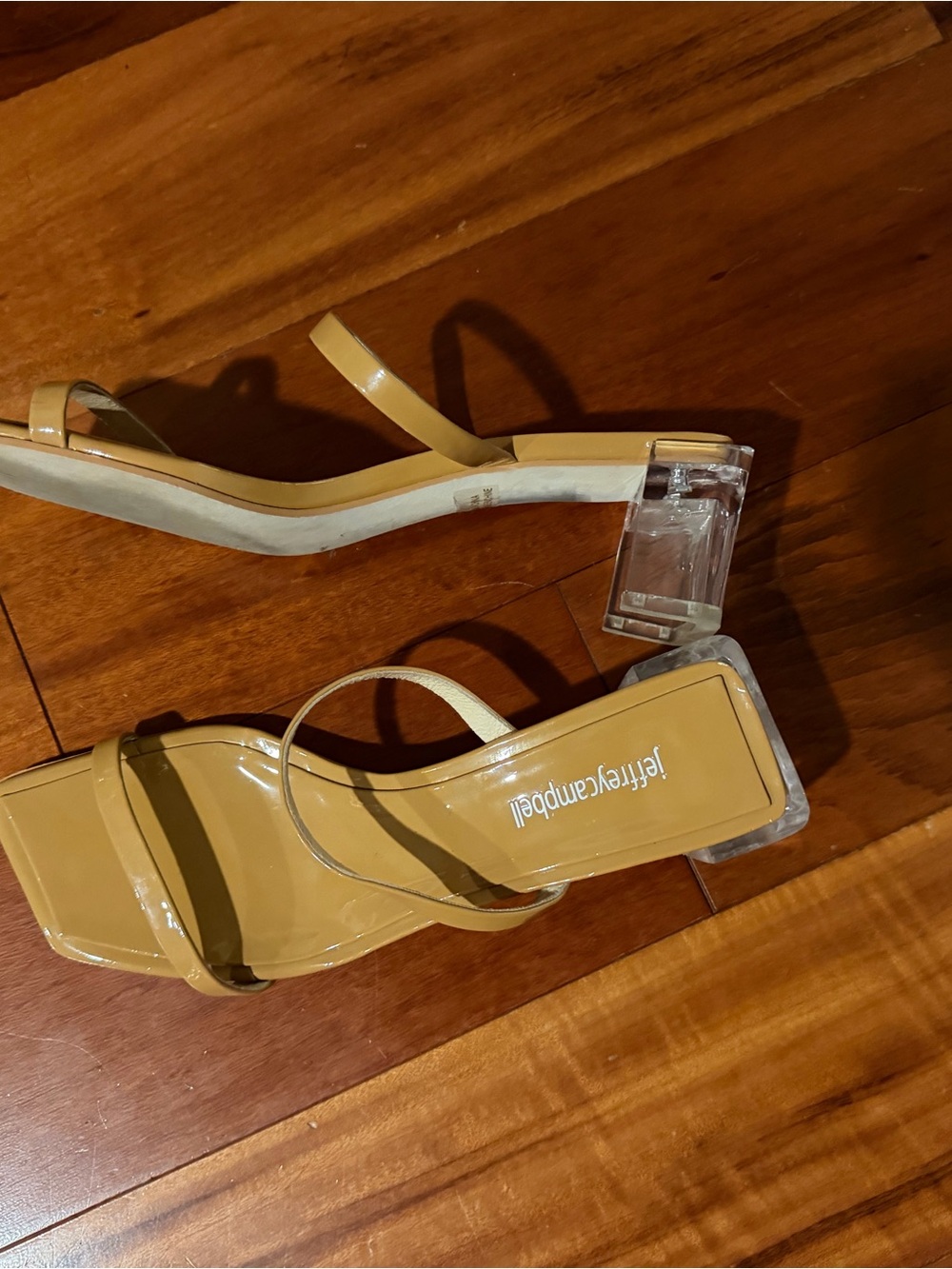 Jeffrey Campbell Tan Patent Square-Toe Sandals with Clear Block Heel